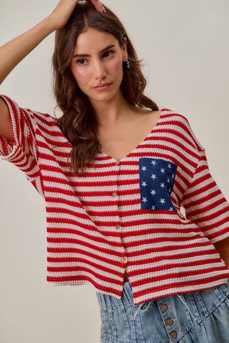 SO ME Stripe Waffle Knit Fourth Of July Cardigan Top - Wow Store