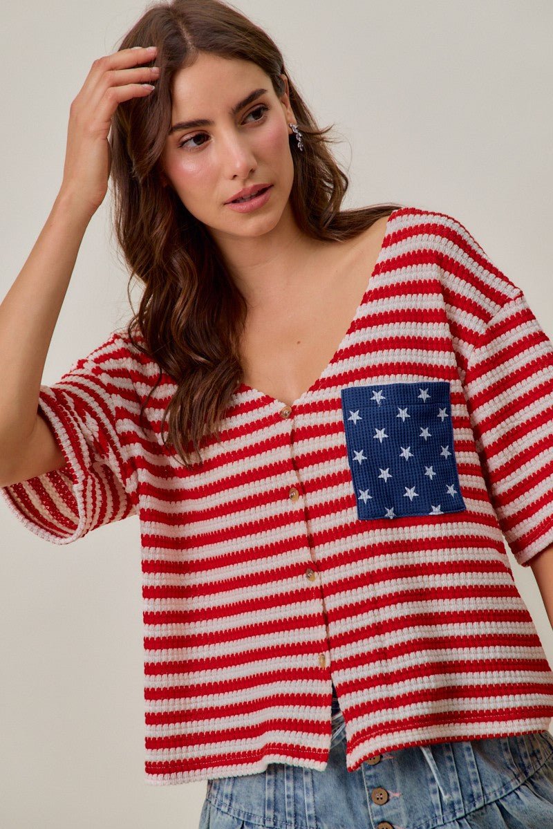 SO ME Stripe Waffle Knit Fourth Of July Cardigan Top - Wow Store