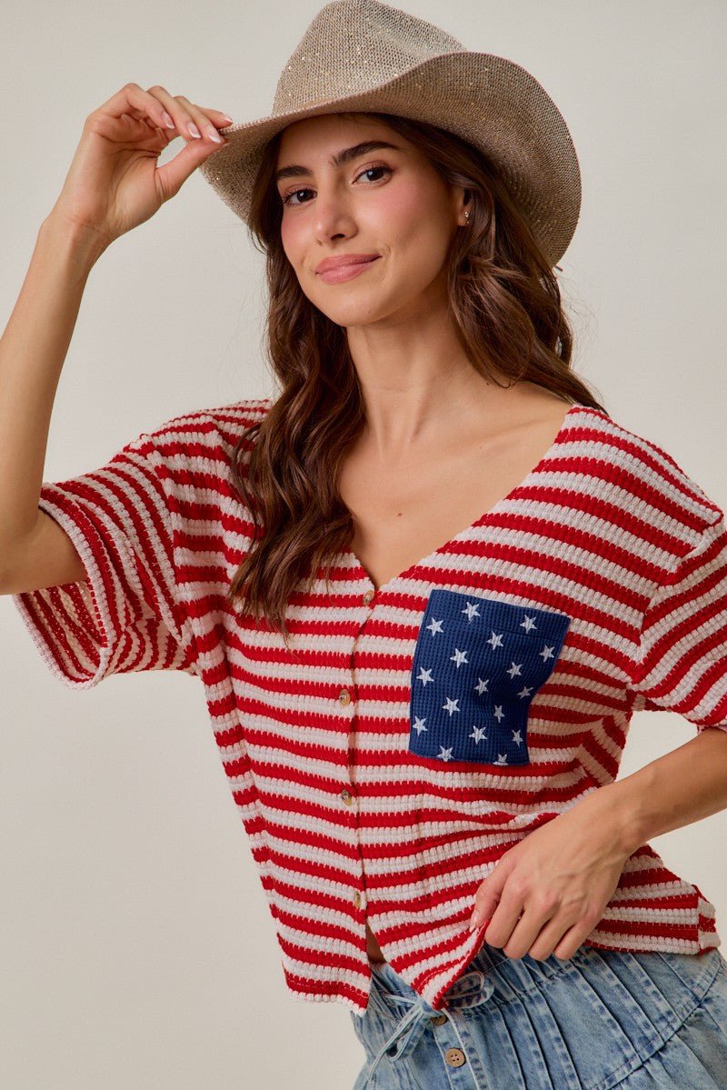 SO ME Stripe Waffle Knit Fourth Of July Cardigan Top - Wow Store