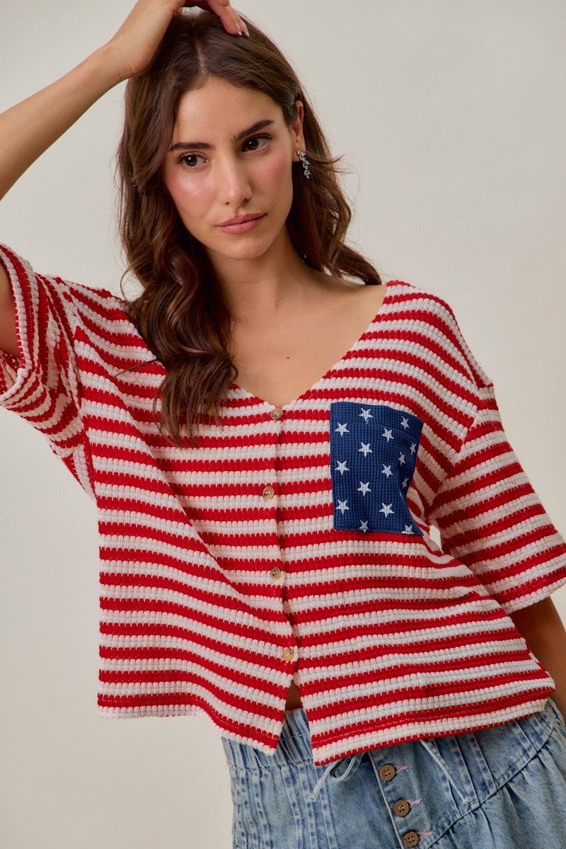 SO ME Stripe Waffle Knit Fourth Of July Cardigan Top - Wow Store
