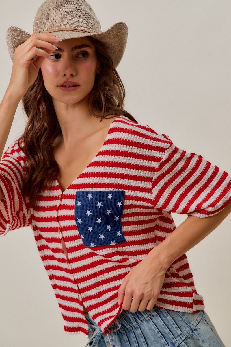 SO ME Stripe Waffle Knit Fourth Of July Cardigan Top - Wow Store