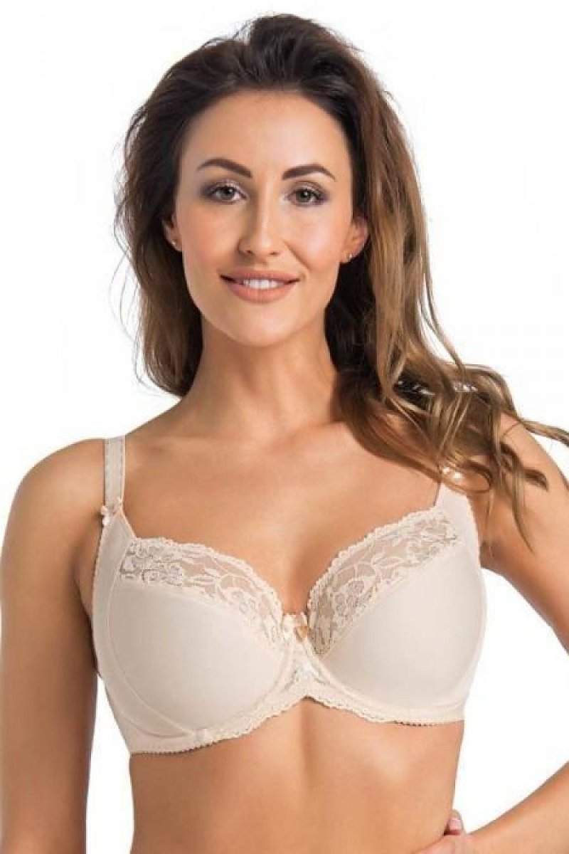 Teyli Soft Bra in elegant beige, showcasing delicate rose-motif lace