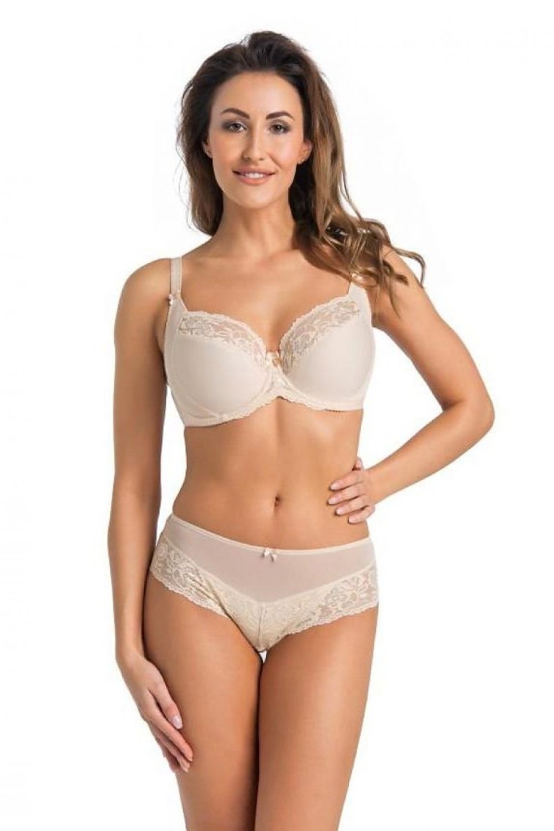 Close-up of soft wireless bra with delicate lace trim and natural silhouette on a model