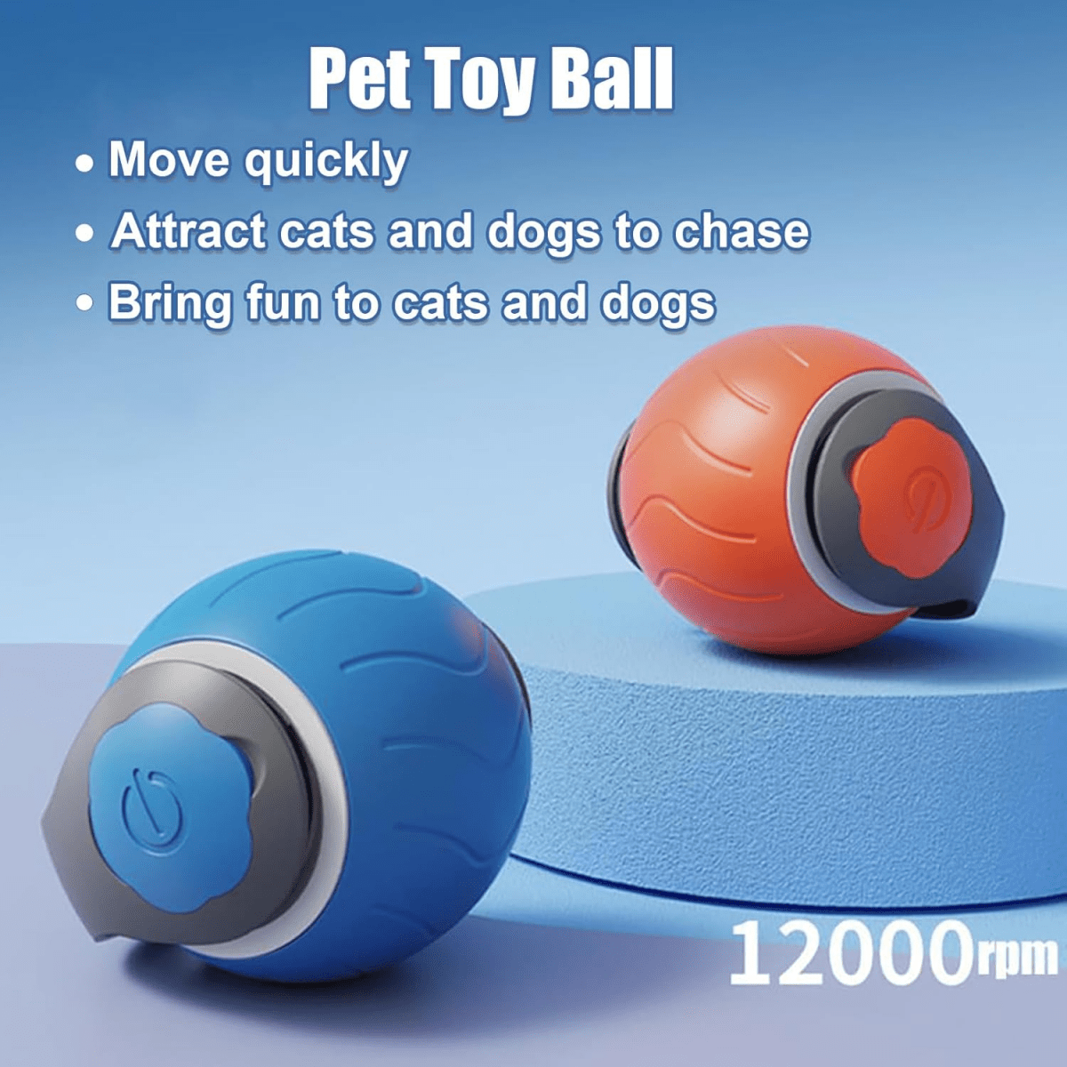 Blauwe en oranje speelbal met de tekst move quickly en 12000 rpm