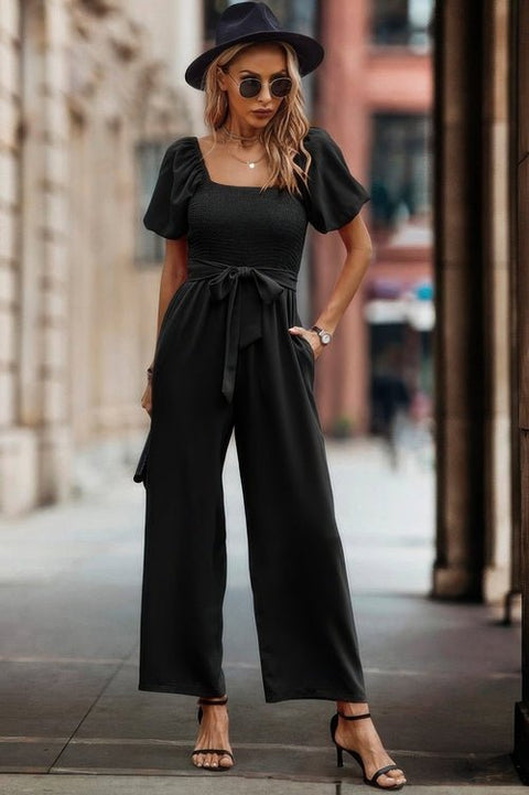 Square Neck Puff Sleeve Belted Fit Jumpsuit - Wow Store