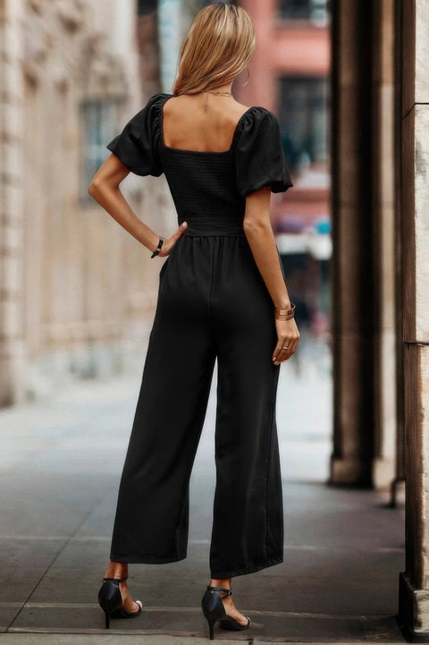 Square Neck Puff Sleeve Belted Fit Jumpsuit - Wow Store