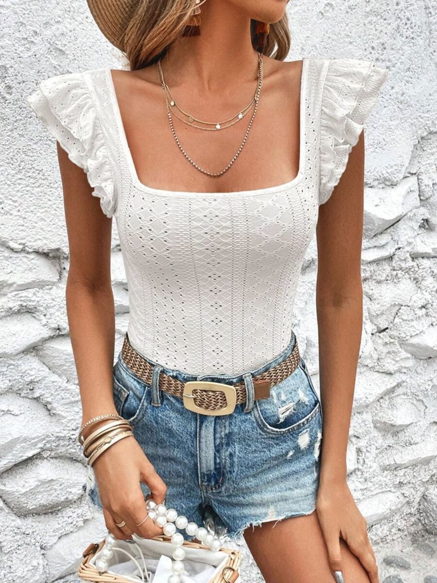 Square Neck Ruffle Sleeve Top - Wow Store