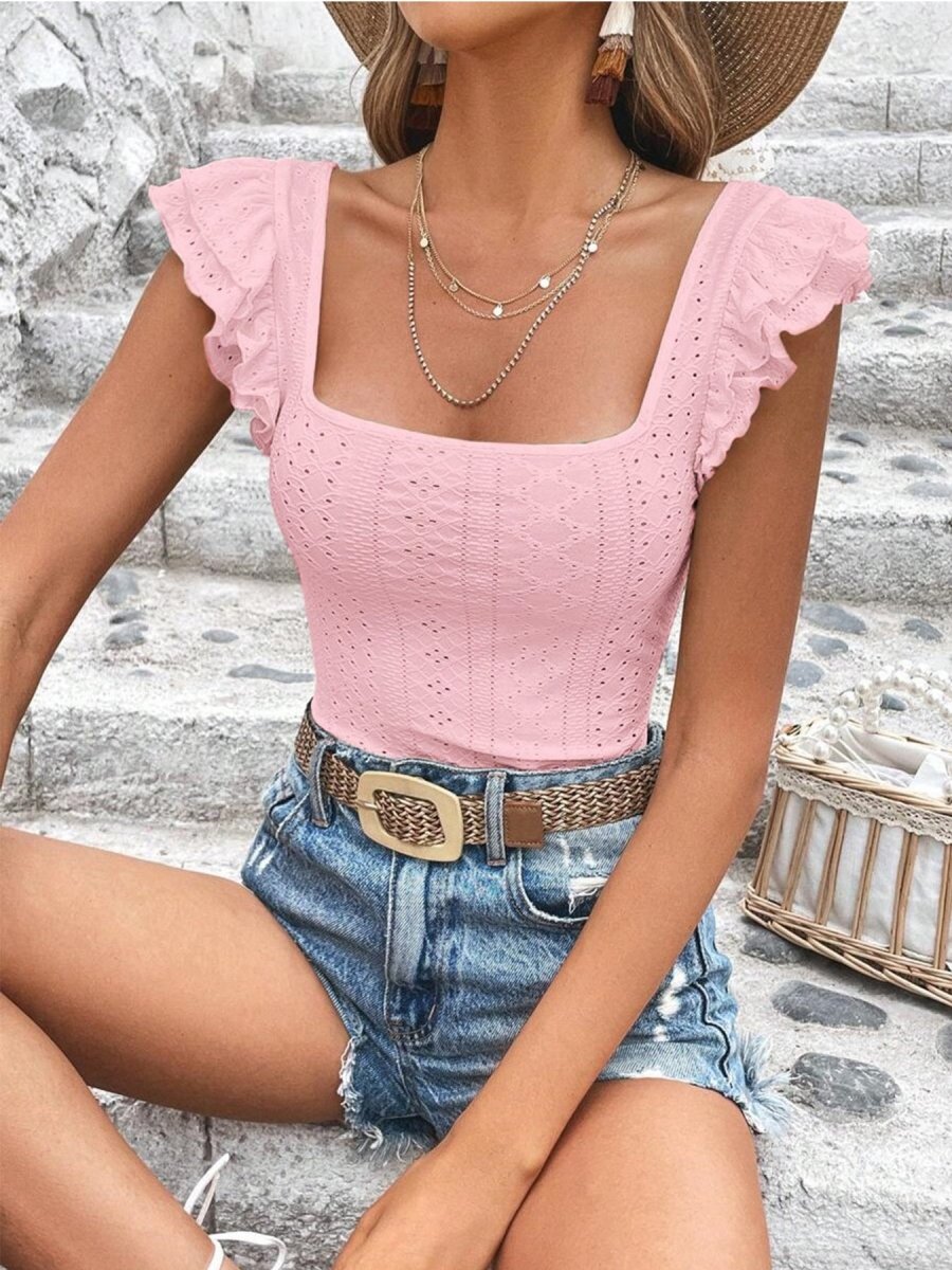 Square Neck Ruffle Sleeve Top - Wow Store