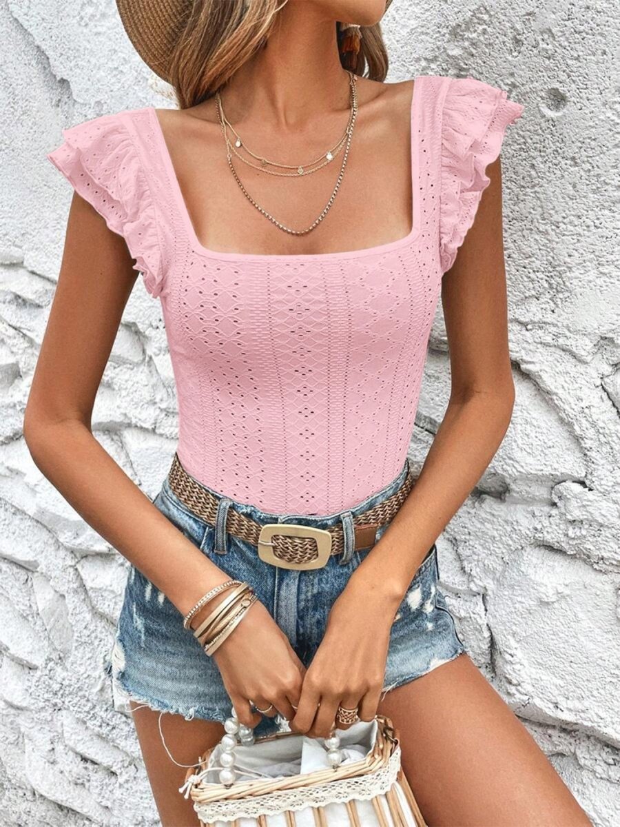 Square Neck Ruffle Sleeve Top - Wow Store