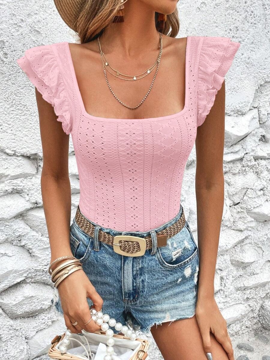 Square Neck Ruffle Sleeve Top - Wow Store