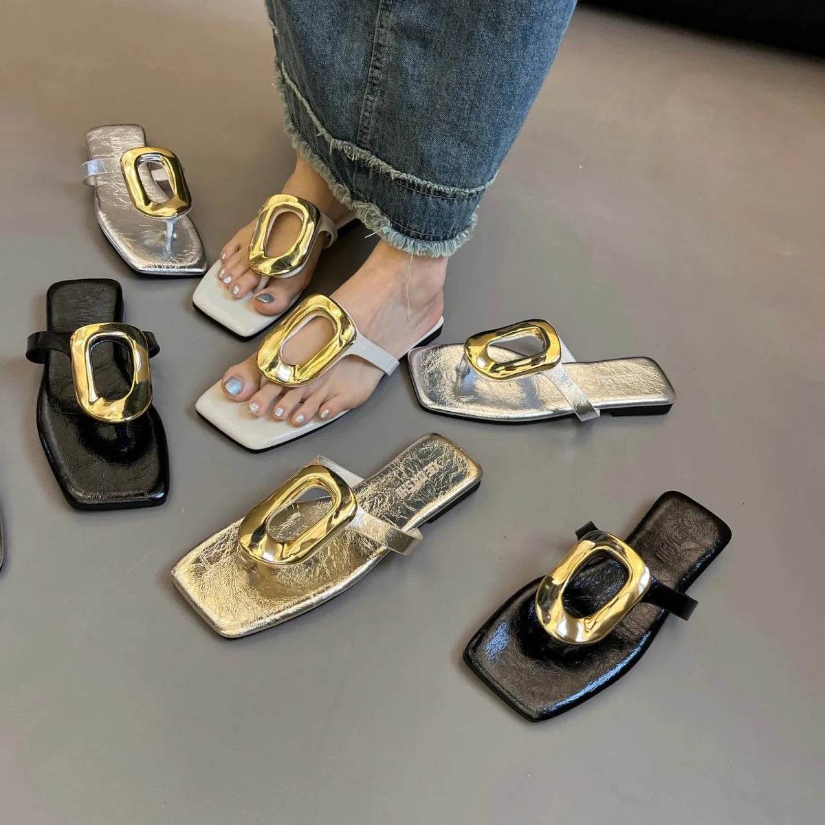 Square Toe Post Metal Sandals - Wow Store