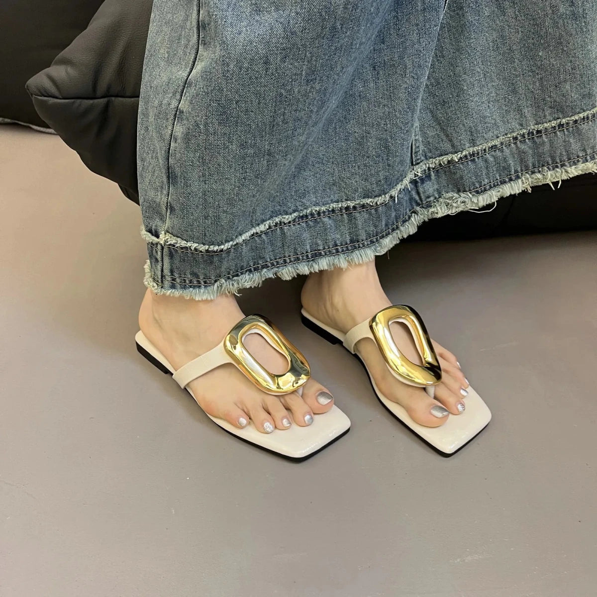 Square Toe Post Metal Sandals - Wow Store
