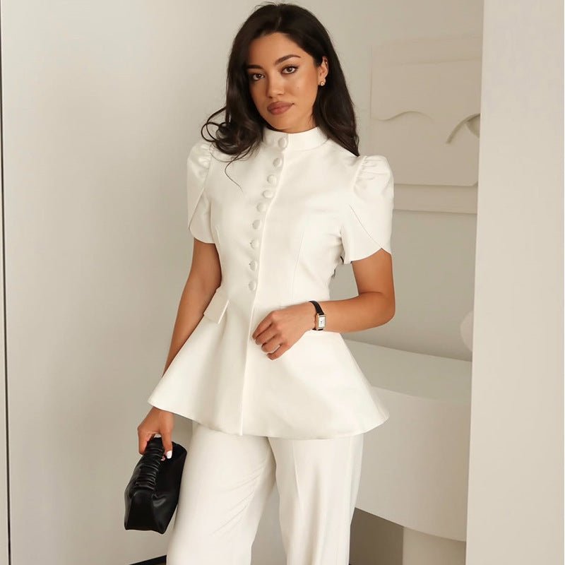 White peplum top and trousers set with stand collar