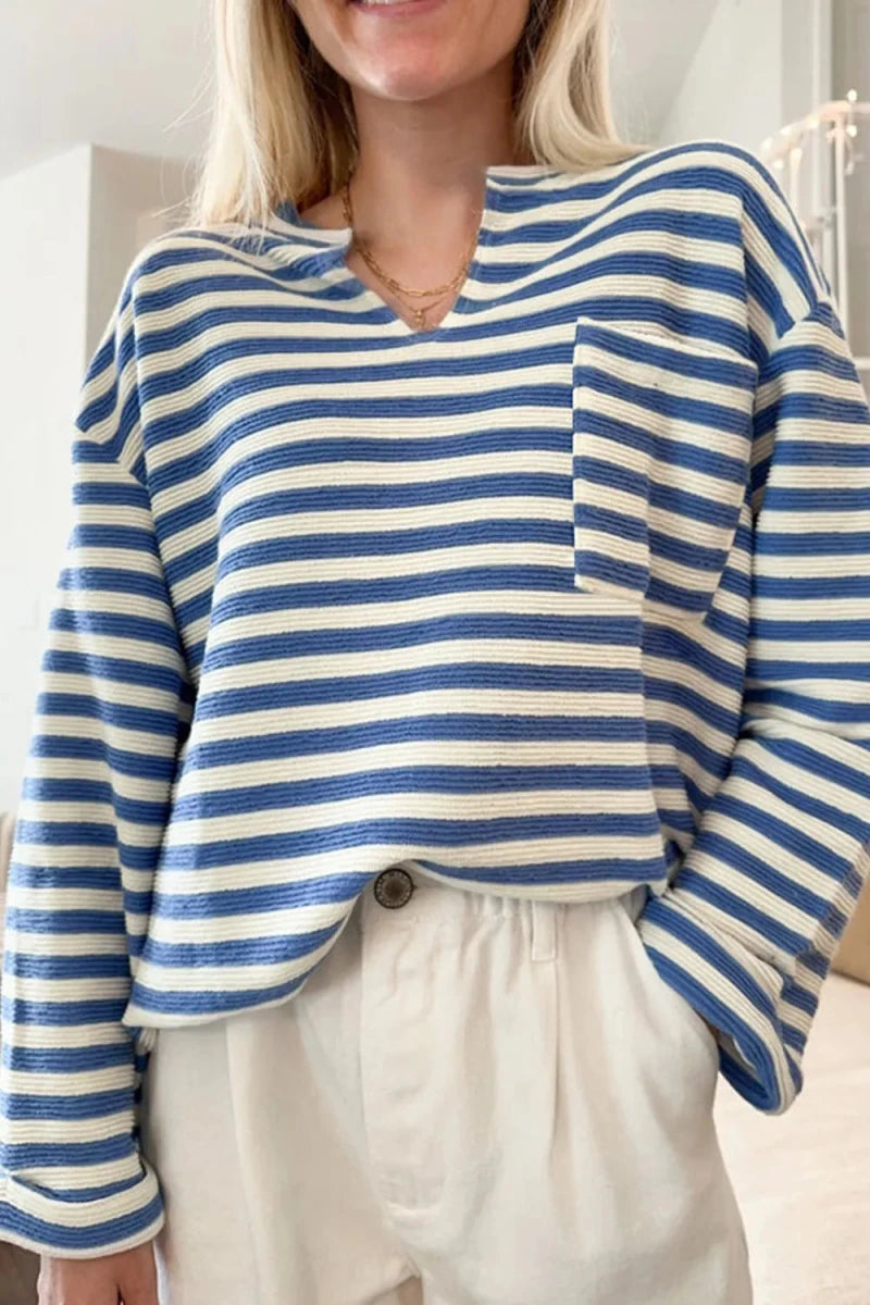 Stripe Chest Pocket Notched Top - Wow Store