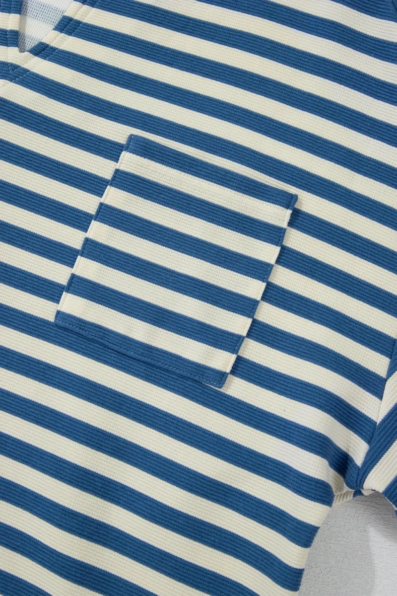Stripe Chest Pocket Notched Top - Wow Store