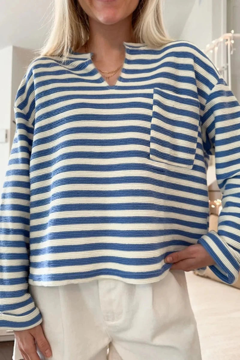 Stripe Chest Pocket Notched Top - Wow Store