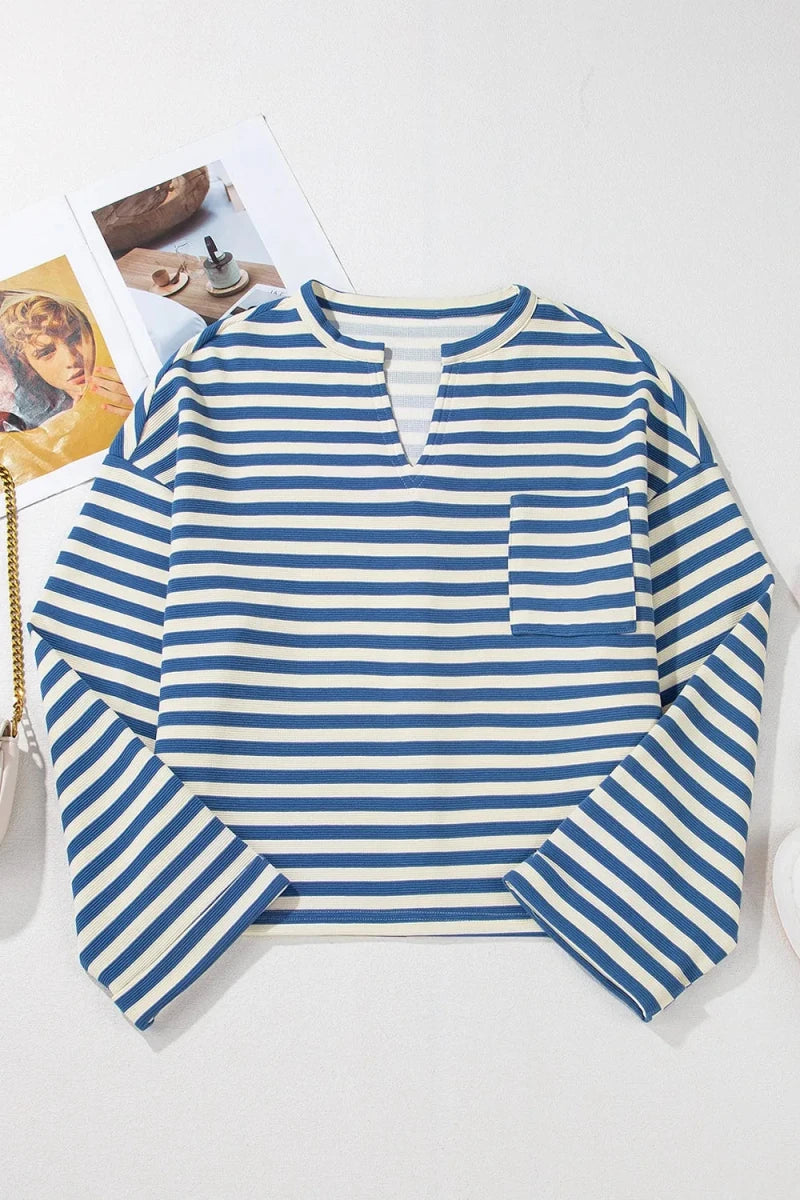 Stripe Chest Pocket Notched Top - Wow Store