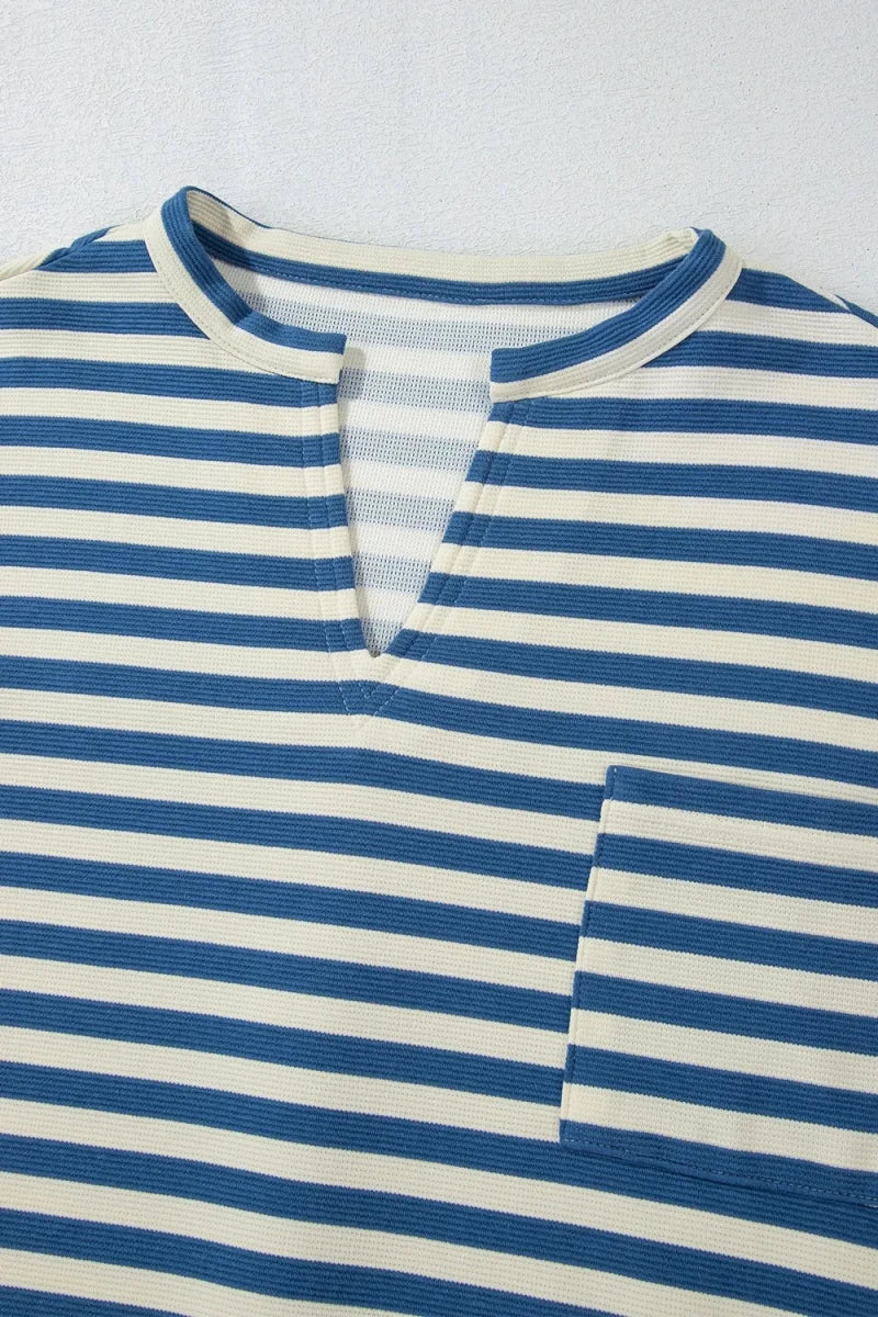 Stripe Chest Pocket Notched Top - Wow Store