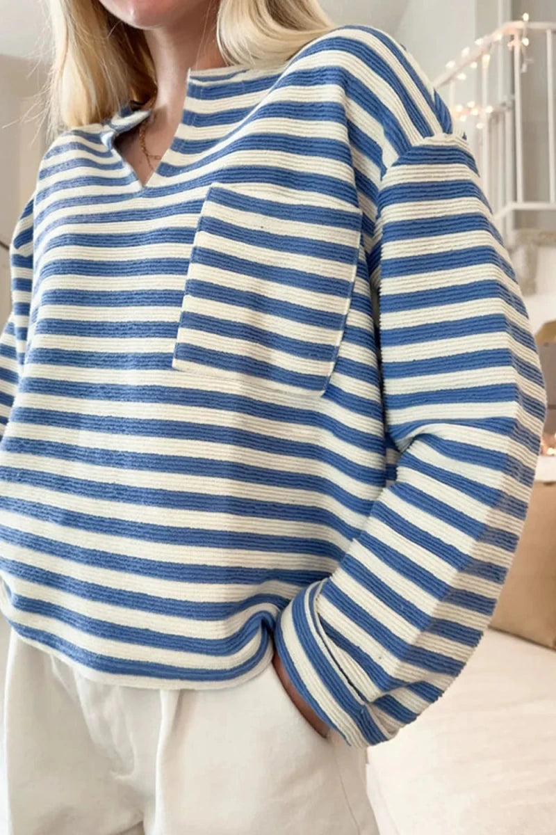 Stripe Chest Pocket Notched Top - Wow Store