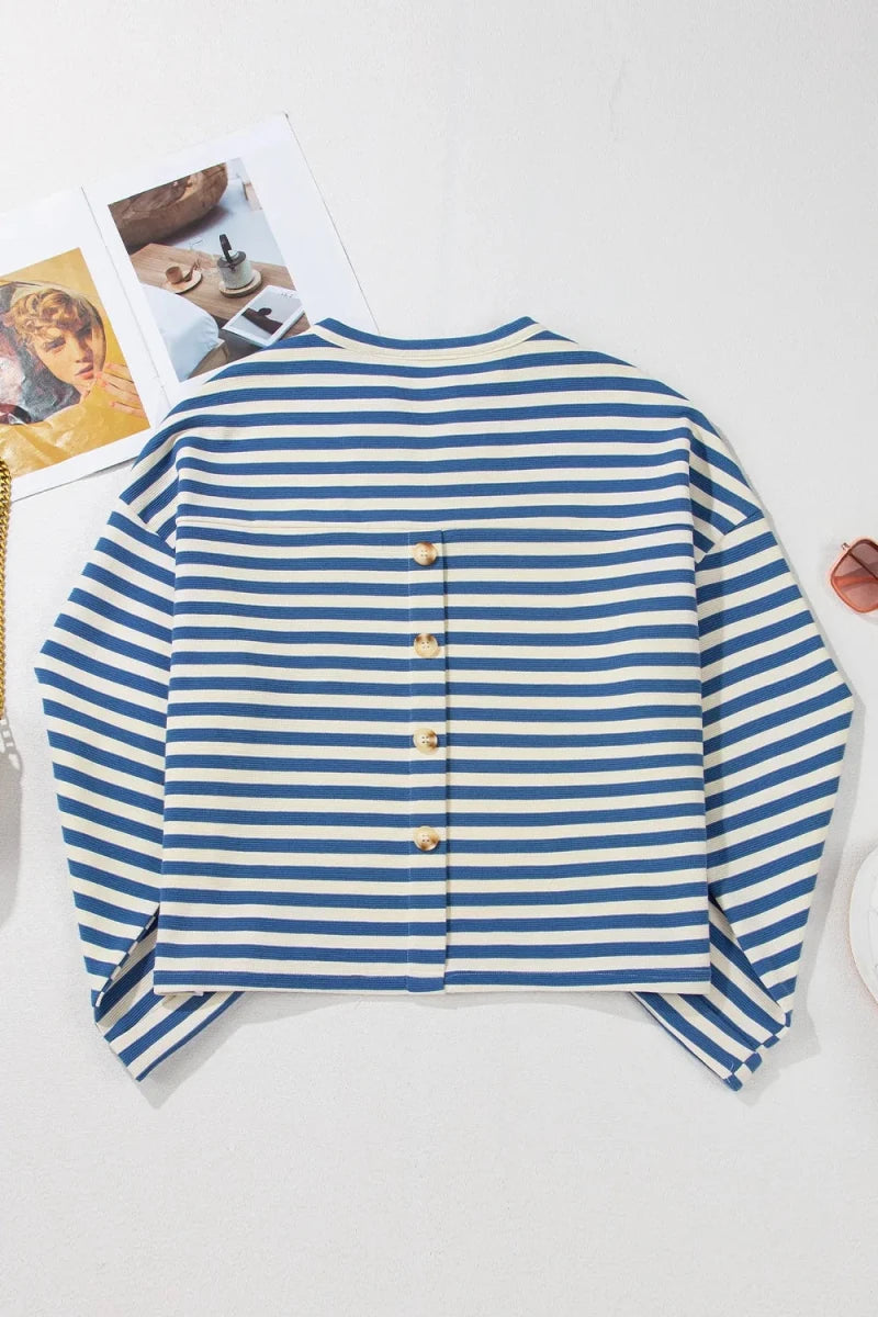 Stripe Chest Pocket Notched Top - Wow Store