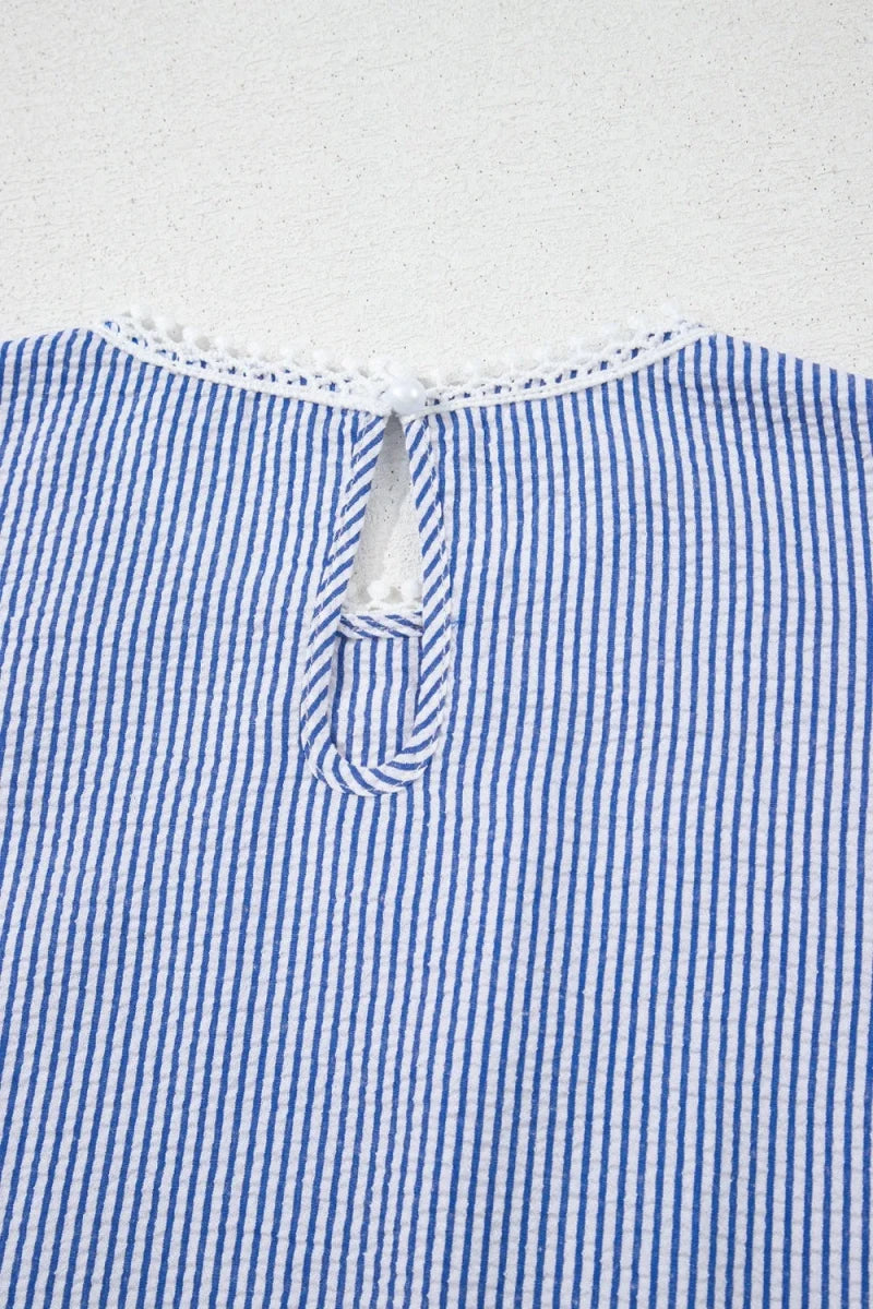 Stripe Lace Patchwork Crew Neck Sleeveless Top - Wow Store
