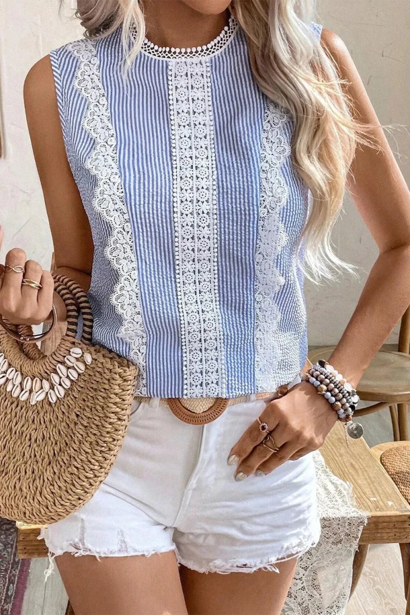 Stripe Lace Patchwork Crew Neck Sleeveless Top - Wow Store
