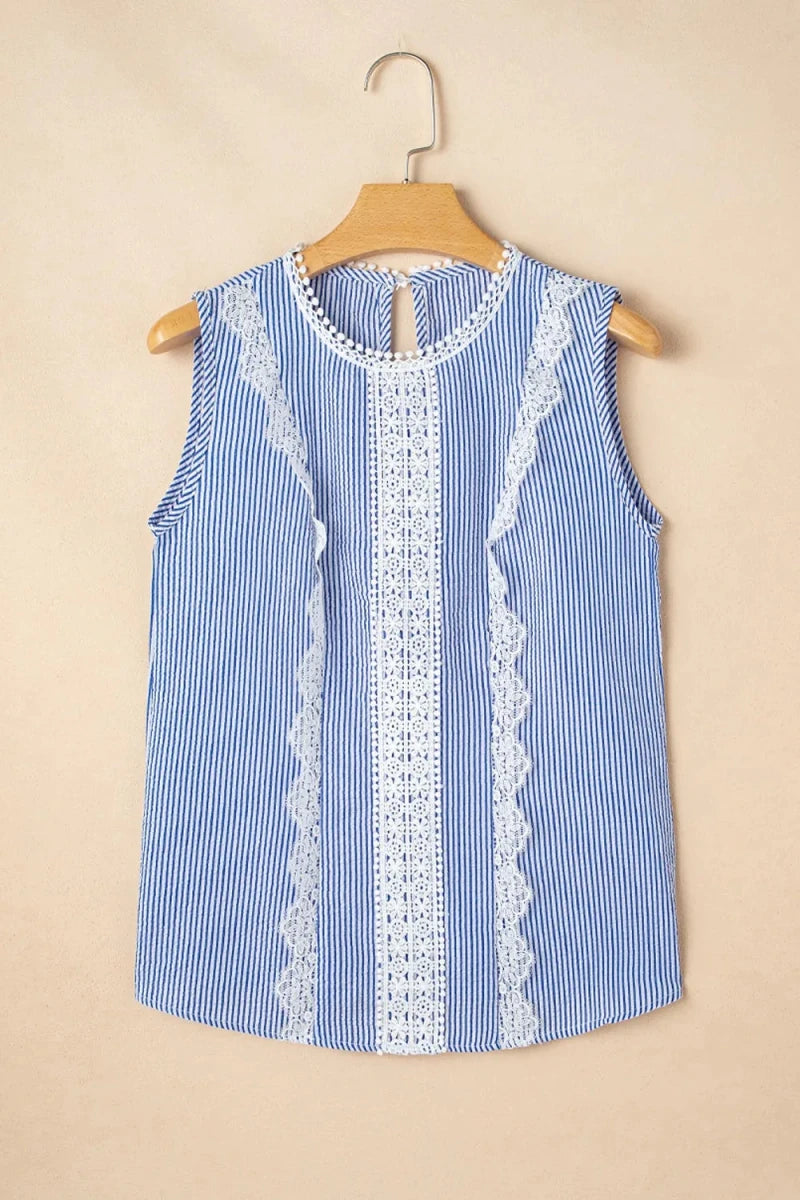 Stripe Lace Patchwork Crew Neck Sleeveless Top - Wow Store