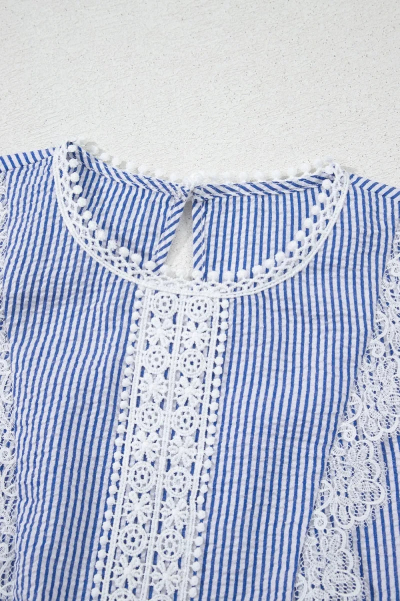 Stripe Lace Patchwork Crew Neck Sleeveless Top - Wow Store