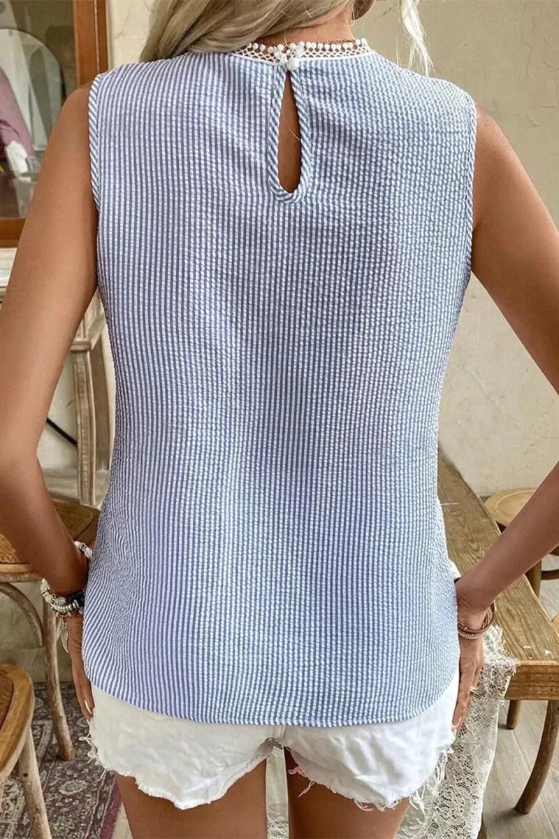 Stripe Lace Patchwork Crew Neck Sleeveless Top - Wow Store