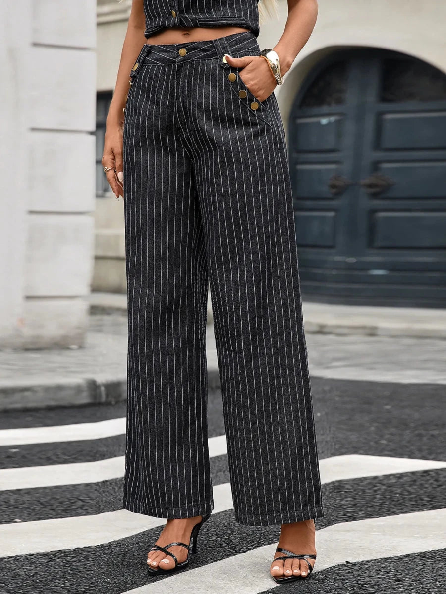 Striped Button Down Tank and Pants Denim Set - Wow Store