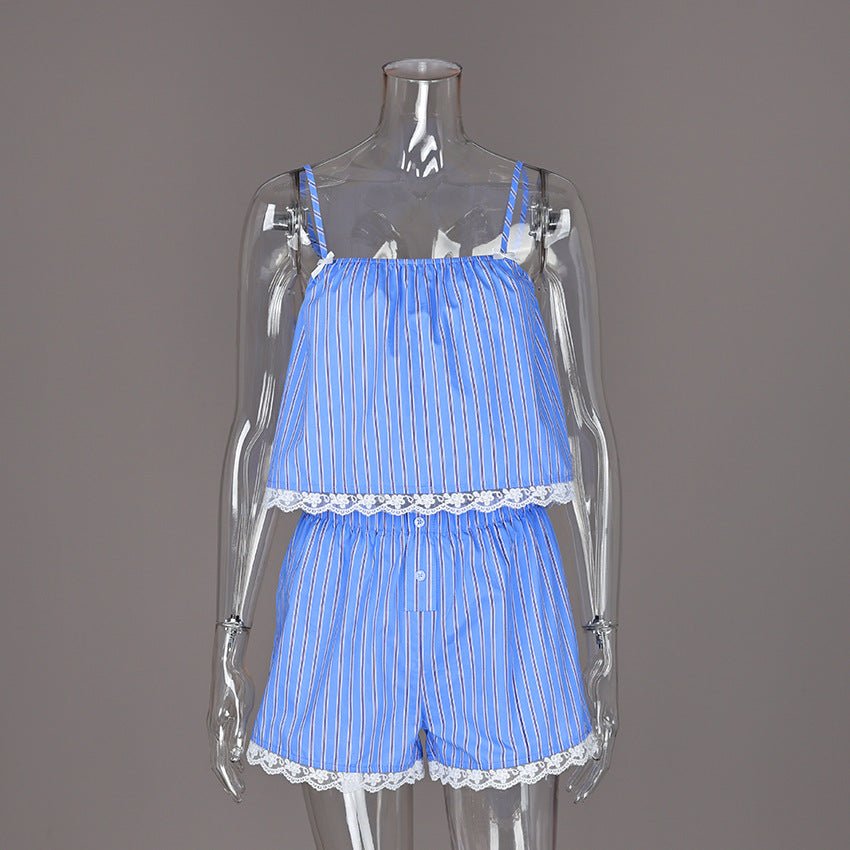 Striped Cotton Pyjama Set: Cami Top and Shorts with Lace Trim - WowStore.live