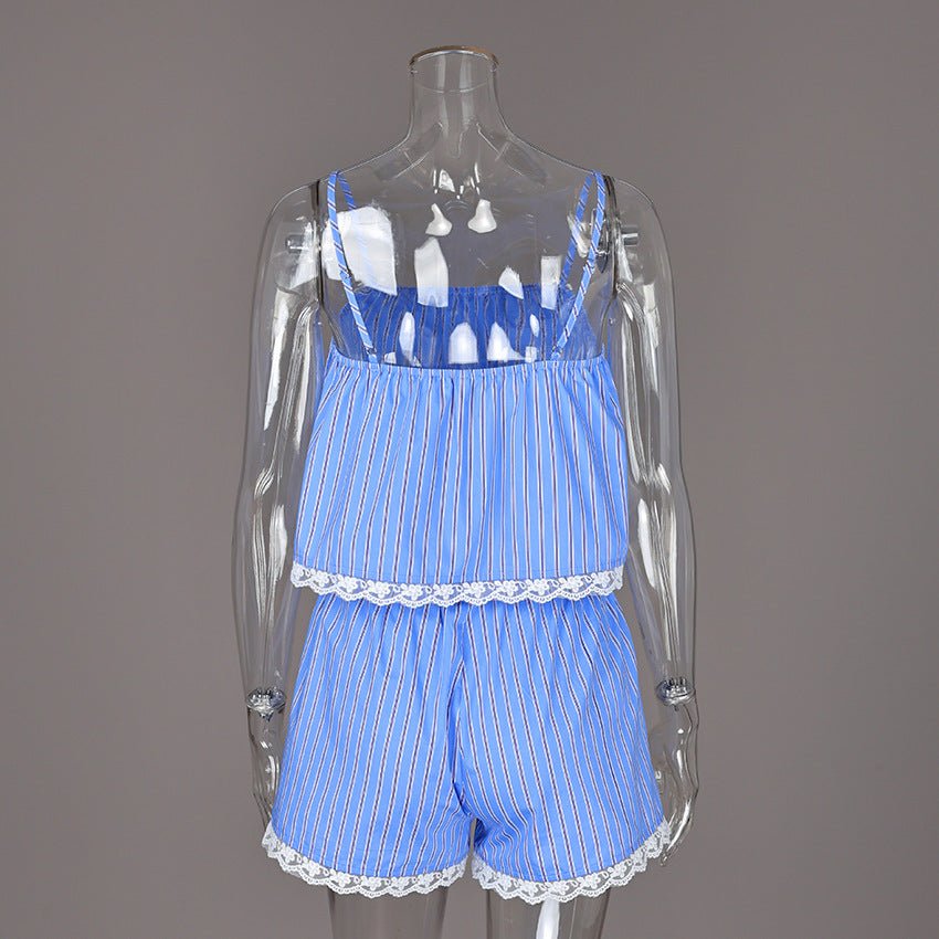 Striped Cotton Pyjama Set: Cami Top and Shorts with Lace Trim - WowStore.live