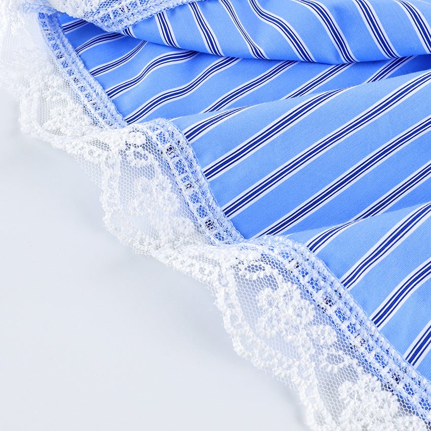 Striped Cotton Pyjama Set: Cami Top and Shorts with Lace Trim - WowStore.live