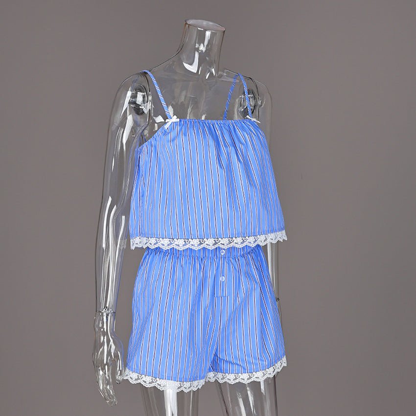 Striped Cotton Pyjama Set: Cami Top and Shorts with Lace Trim - WowStore.live