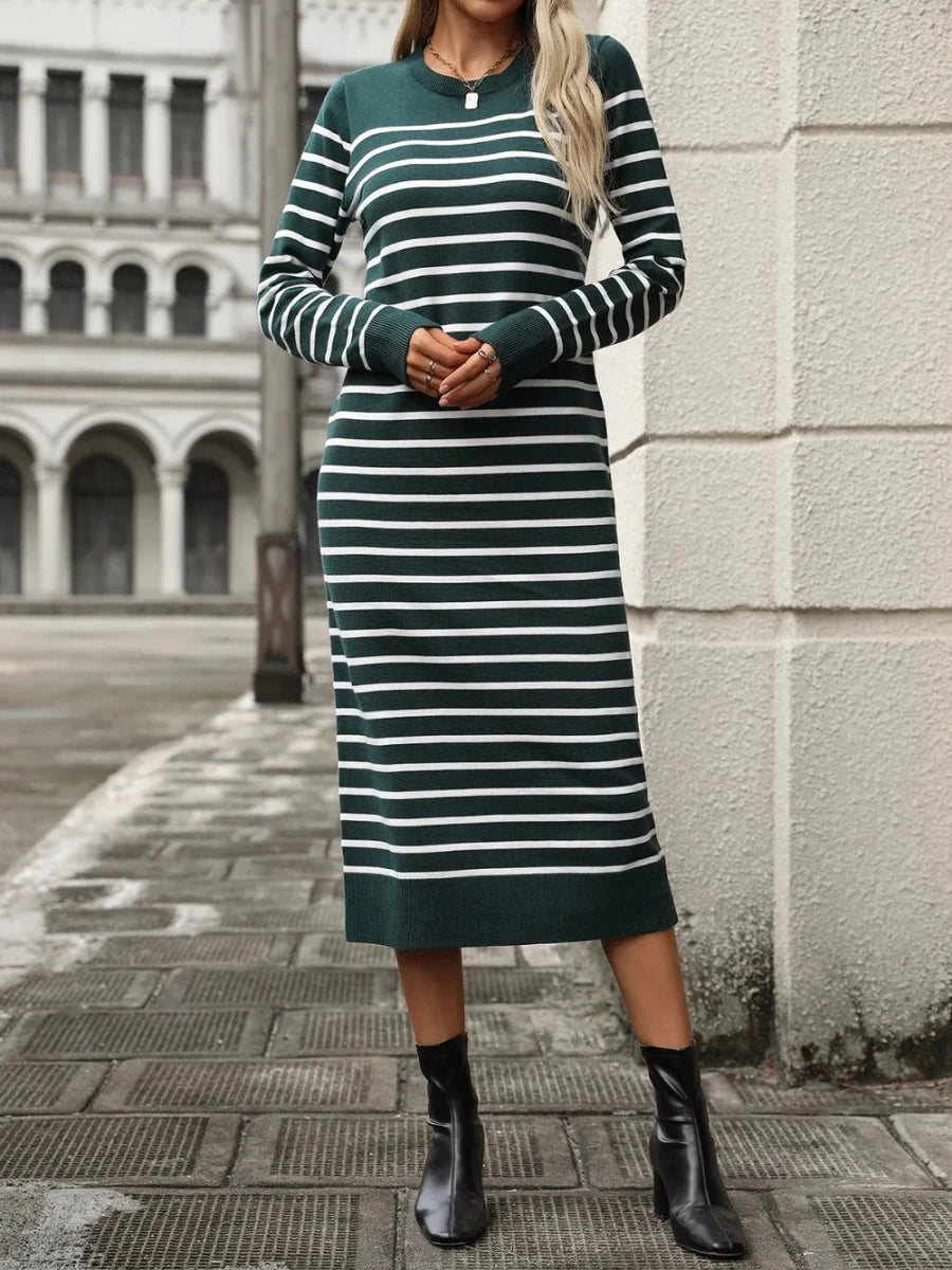 Striped Round Neck Long Sleeve Dress - Wow Store