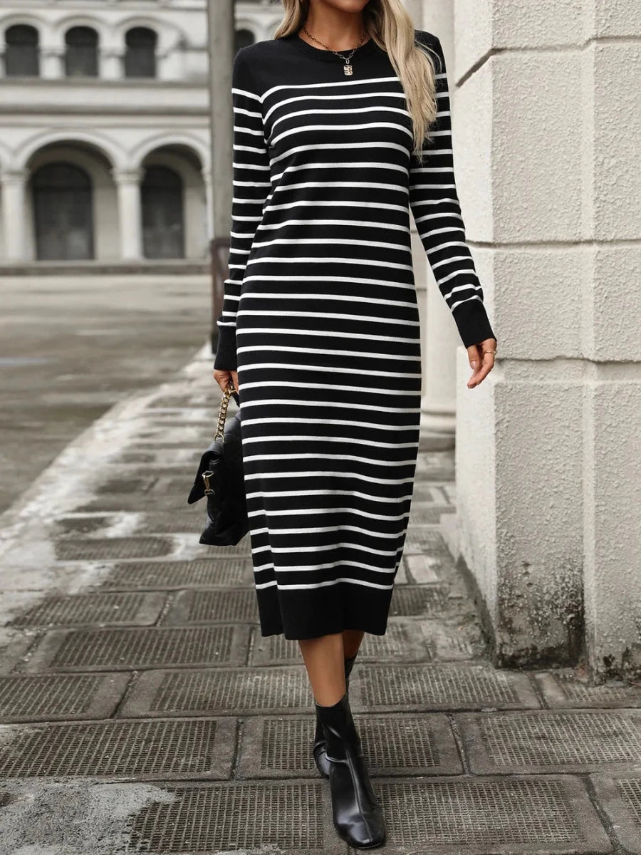 Striped Round Neck Long Sleeve Dress - Wow Store