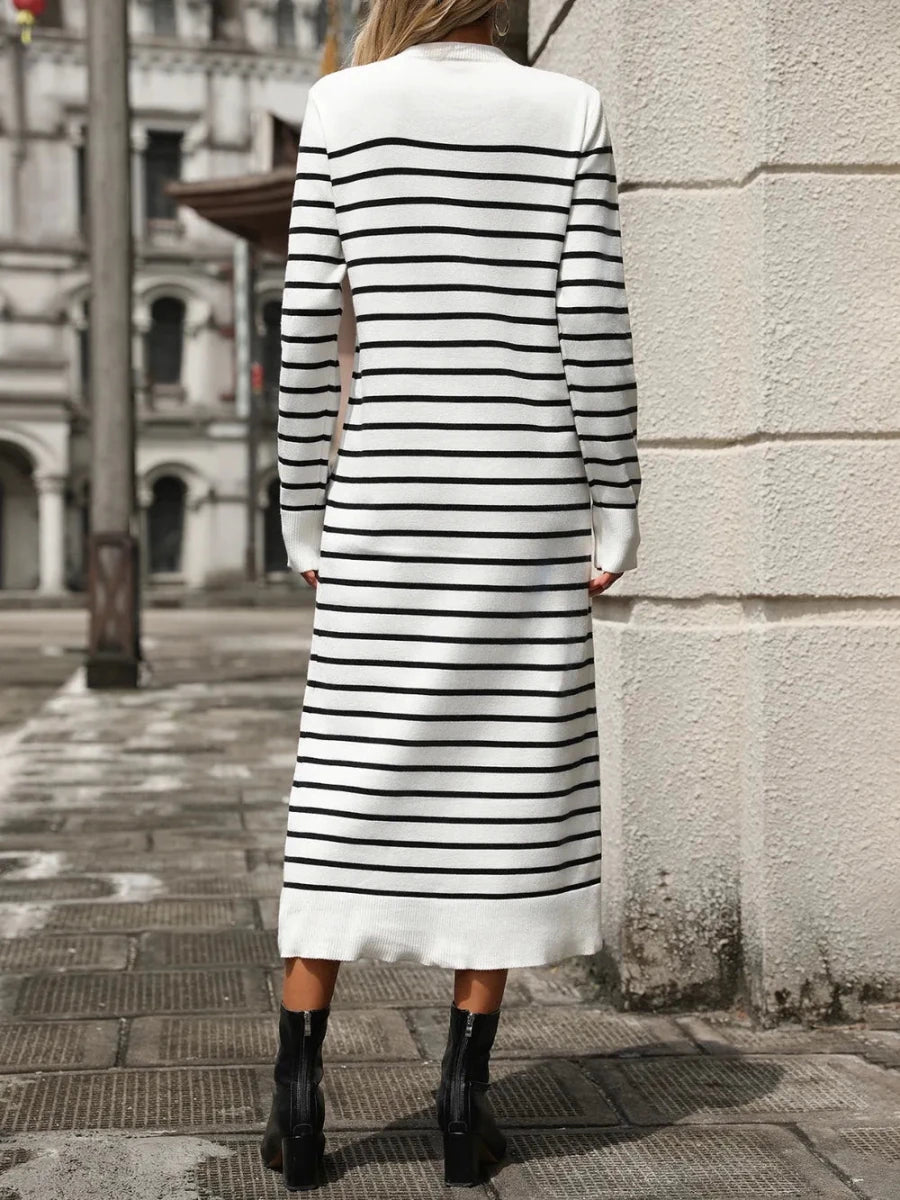 Striped Round Neck Long Sleeve Dress - Wow Store