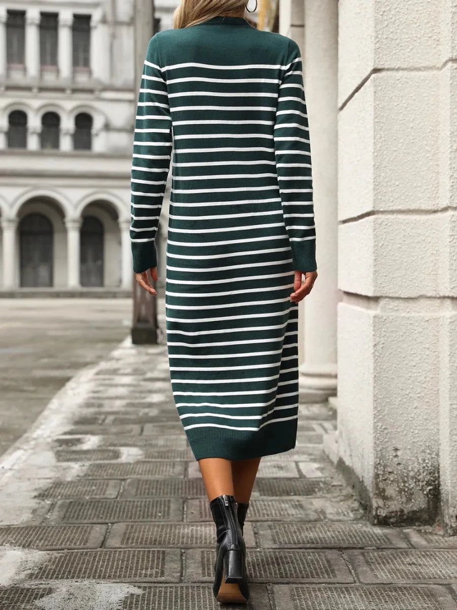 Striped Round Neck Long Sleeve Dress - Wow Store