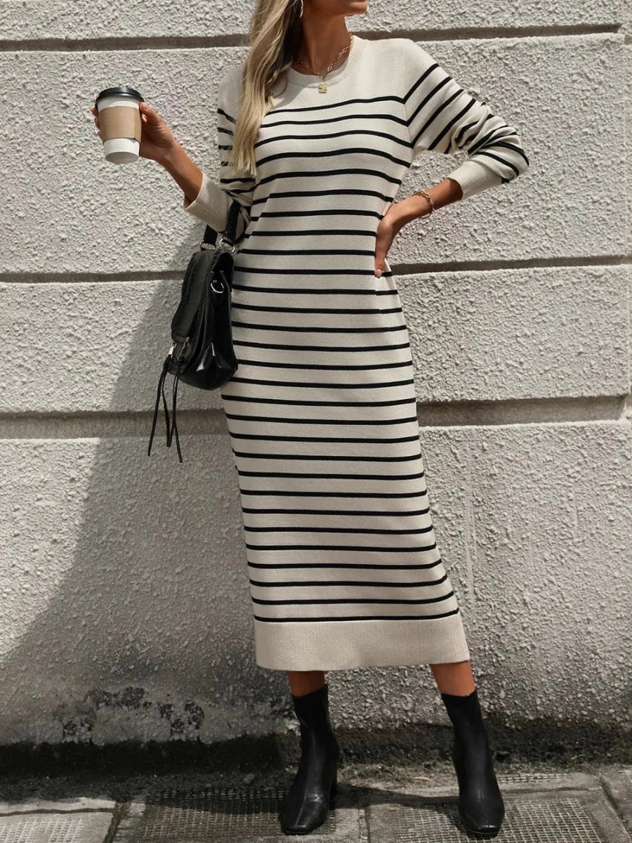 Striped Round Neck Long Sleeve Dress - Wow Store