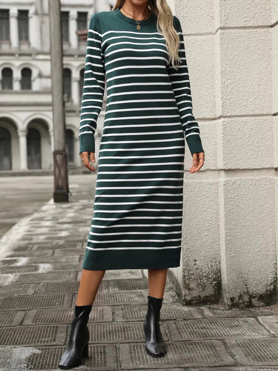 Striped Round Neck Long Sleeve Dress - Wow Store