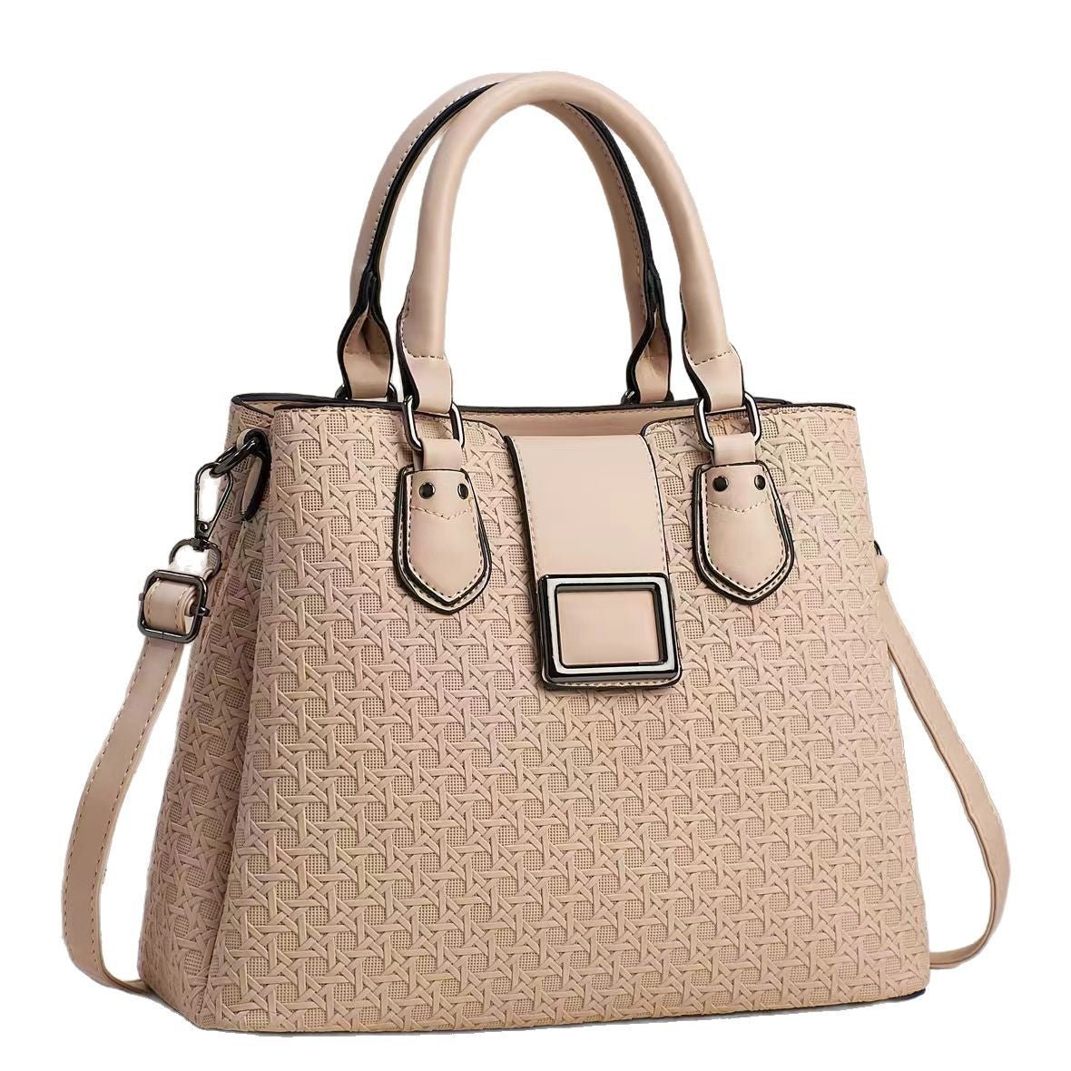 Beige embossed handbag on a white background