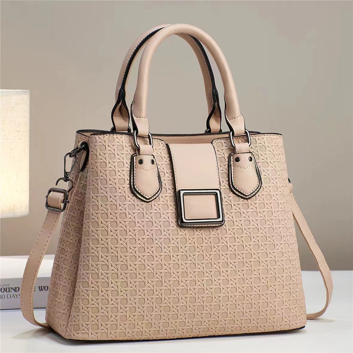 Beige structured handbag with smooth handles