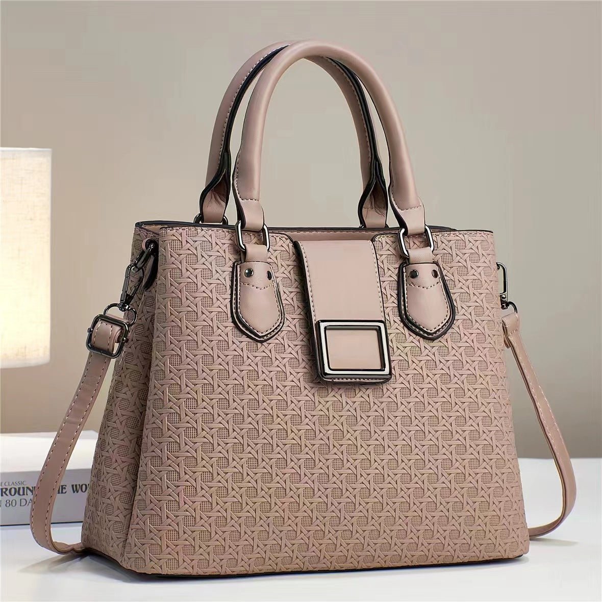 Khaki embossed handbag with shoulder strap