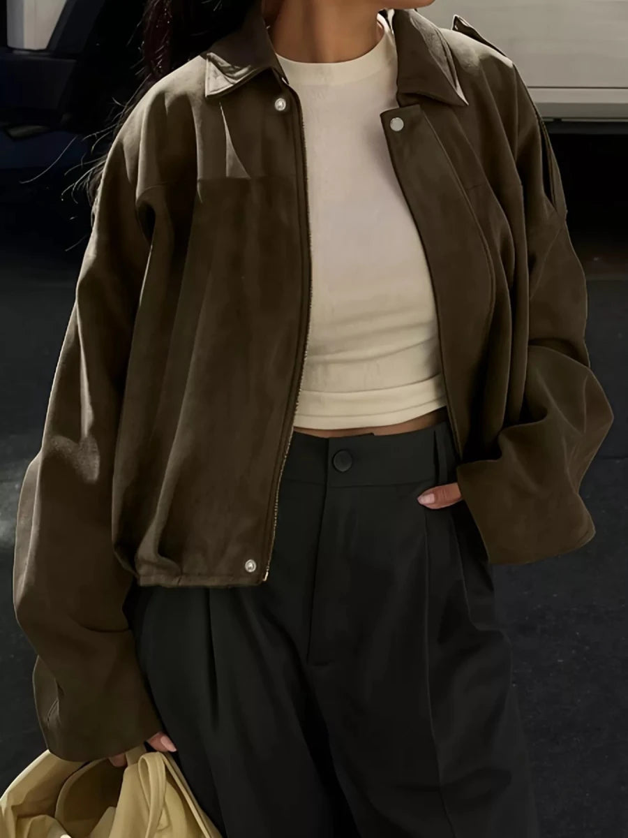 Suede Cropped Bomber Jacket - Wow Store