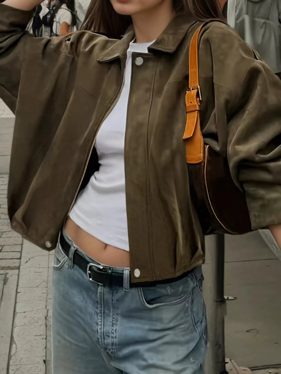Suede Cropped Bomber Jacket - Wow Store