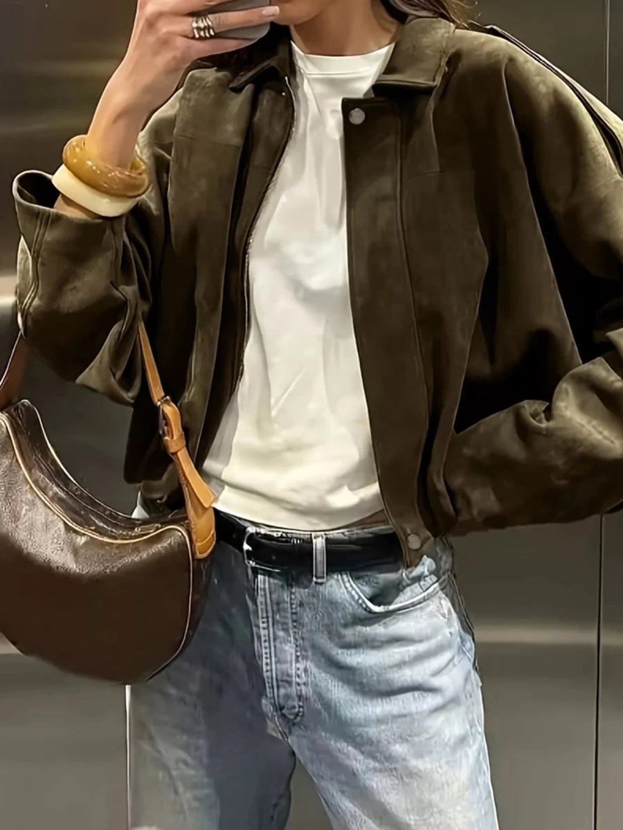 Suede Cropped Bomber Jacket - Wow Store