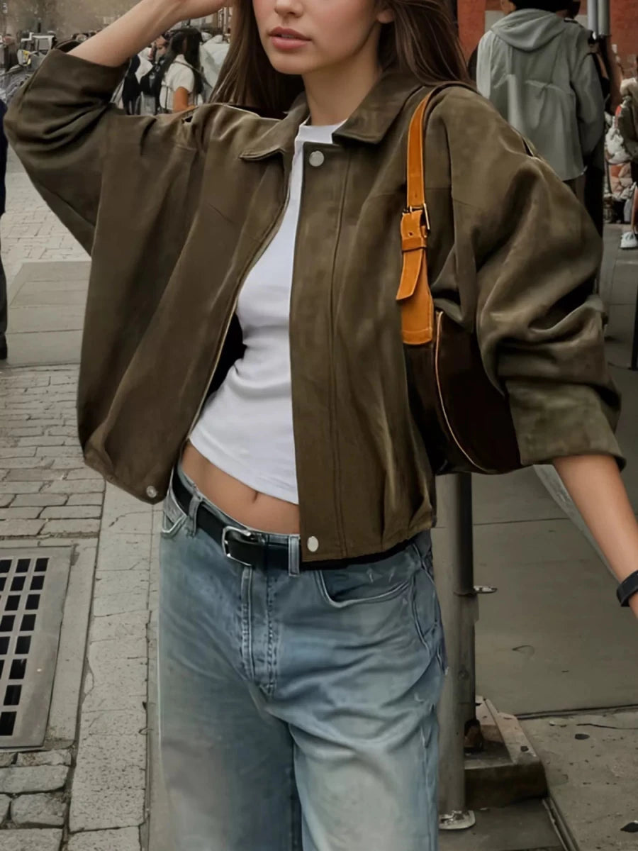 Suede Cropped Bomber Jacket - Wow Store