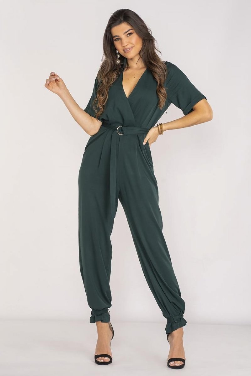 Green viscose jumpsuit front view - Elegant Women's Cotton Playsuit