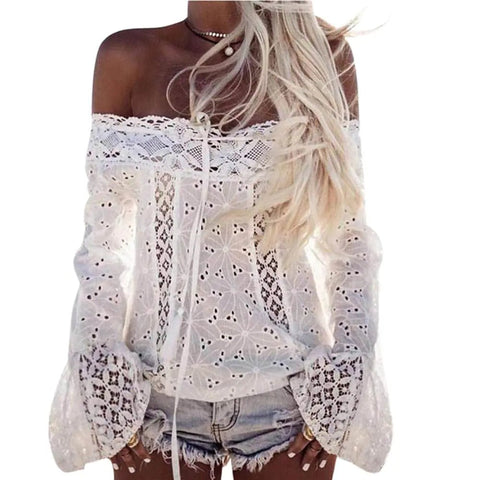 Summer Sexy Women Lace White Blouse Tops Turtleneck Shirt - Wow Store