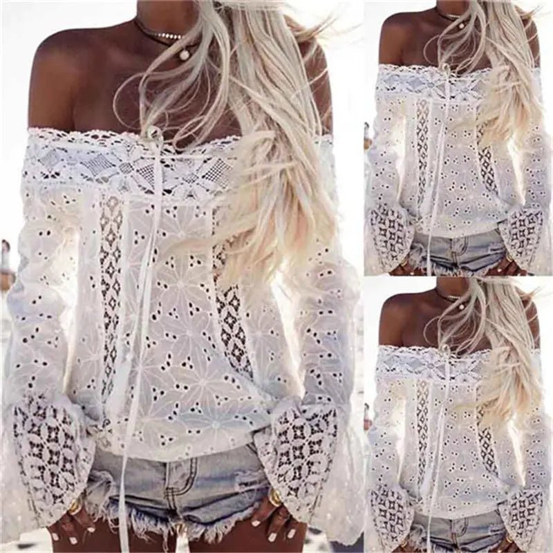 Summer Sexy Women Lace White Blouse Tops Turtleneck Shirt - Wow Store